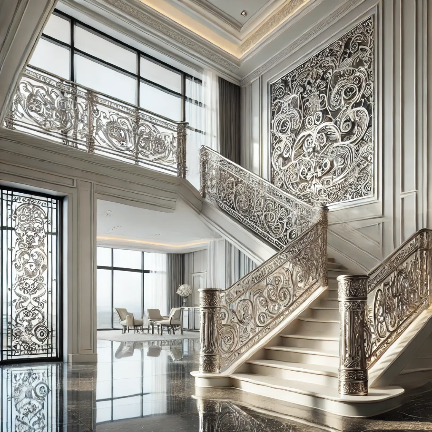 Detailed Aluminium of a beautifully carved aluminium staircase in a modern setting.