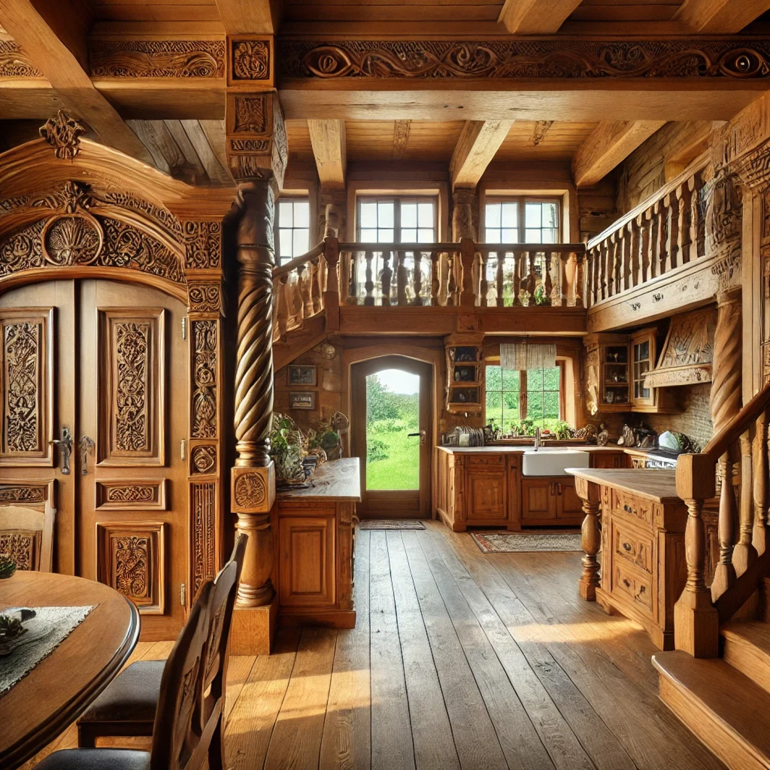 Detailed wooden of a beautifully carved wood staircase in a Modern setting.